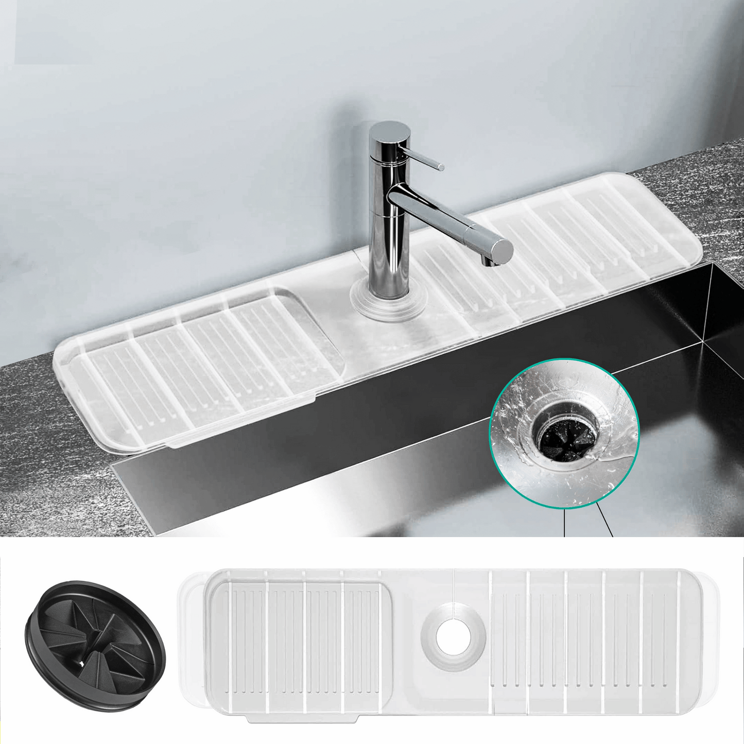 Faucet Mat for Kitchen Sink - Kitchen Sink Splash Guard with FREE Rubber Drain Insert - Faucet Guard Draining Mat, Faucet Mat Dish Soap Sponge Holder for Kitchen Sink