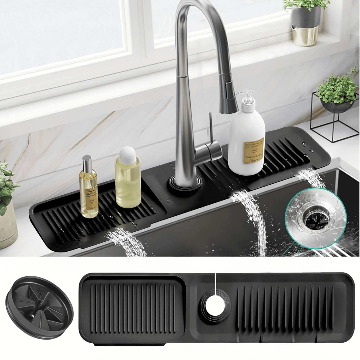 Faucet Mat for Kitchen Sink - Kitchen Sink Splash Guard with FREE Rubber Drain Insert - Faucet Guard Draining Mat, Faucet Mat Dish Soap Sponge Holder for Kitchen Sink Accessories