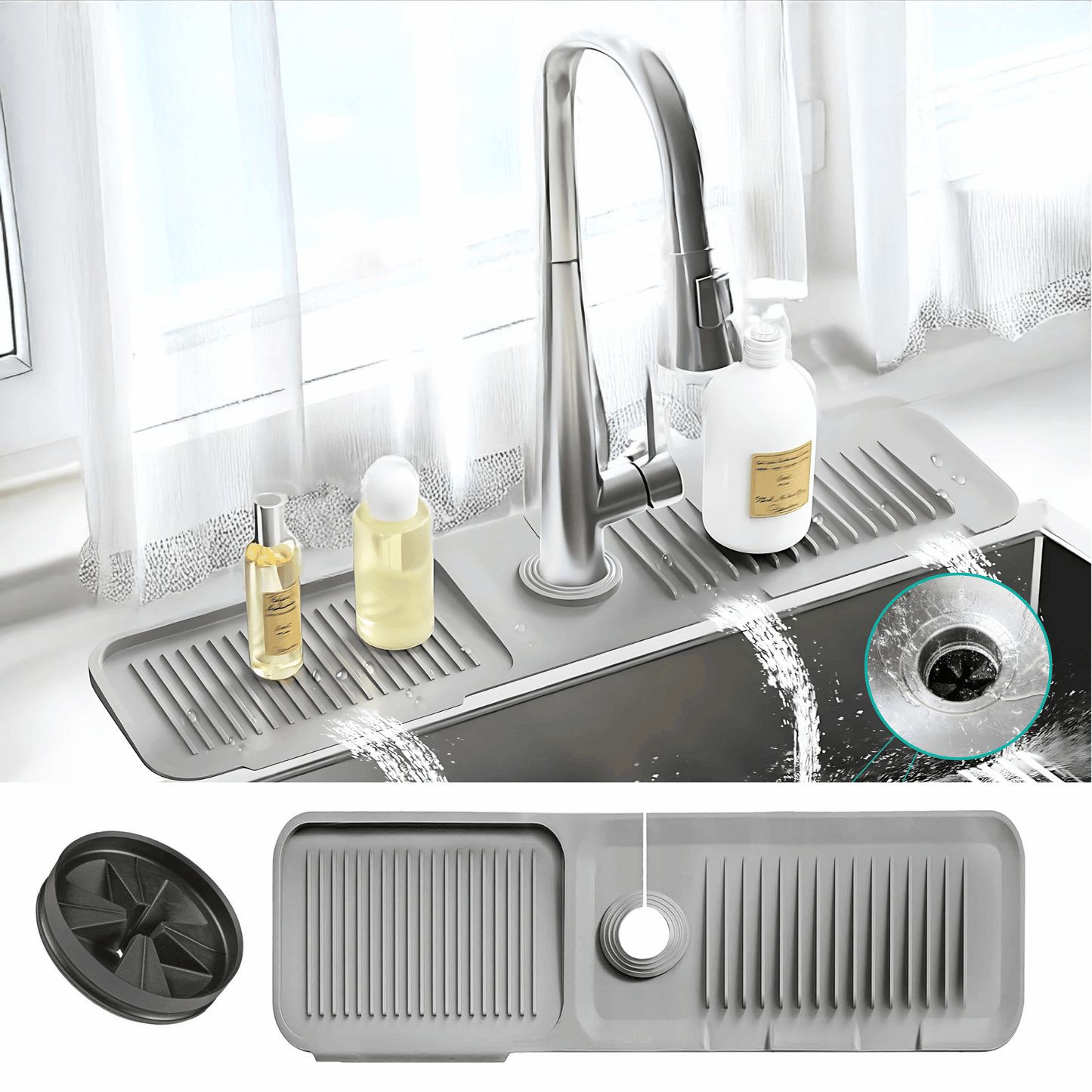 Faucet Mat for Kitchen Sink - Kitchen Sink Splash Guard with FREE Rubber Drain Insert - Faucet Guard Draining Mat, Faucet Mat Dish Soap Sponge Holder for Kitchen Sink