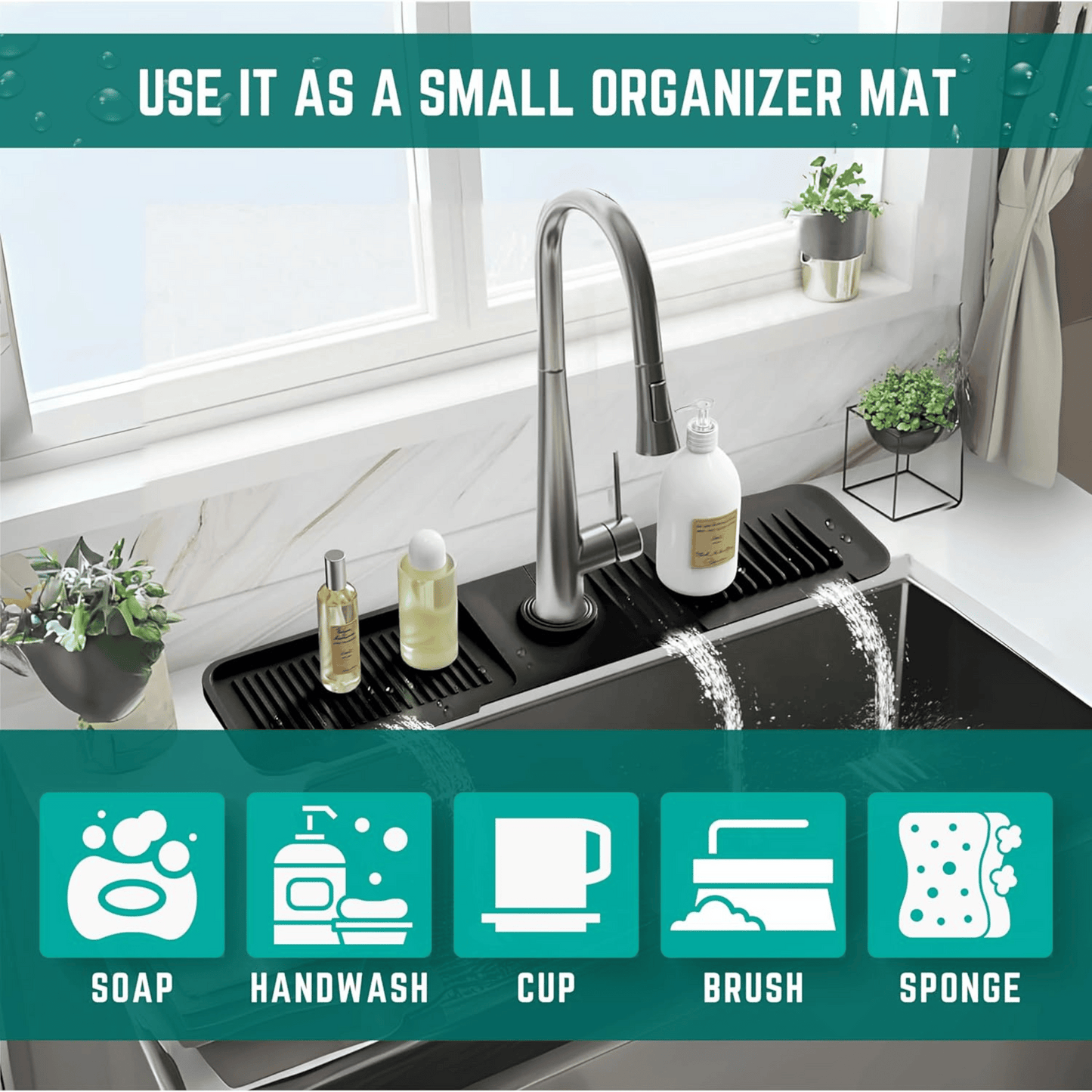 Faucet Mat for Kitchen Sink - Kitchen Sink Splash Guard with FREE Rubber Drain Insert - Faucet Guard Draining Mat, Faucet Mat Dish Soap Sponge Holder for Kitchen Sink Accessories